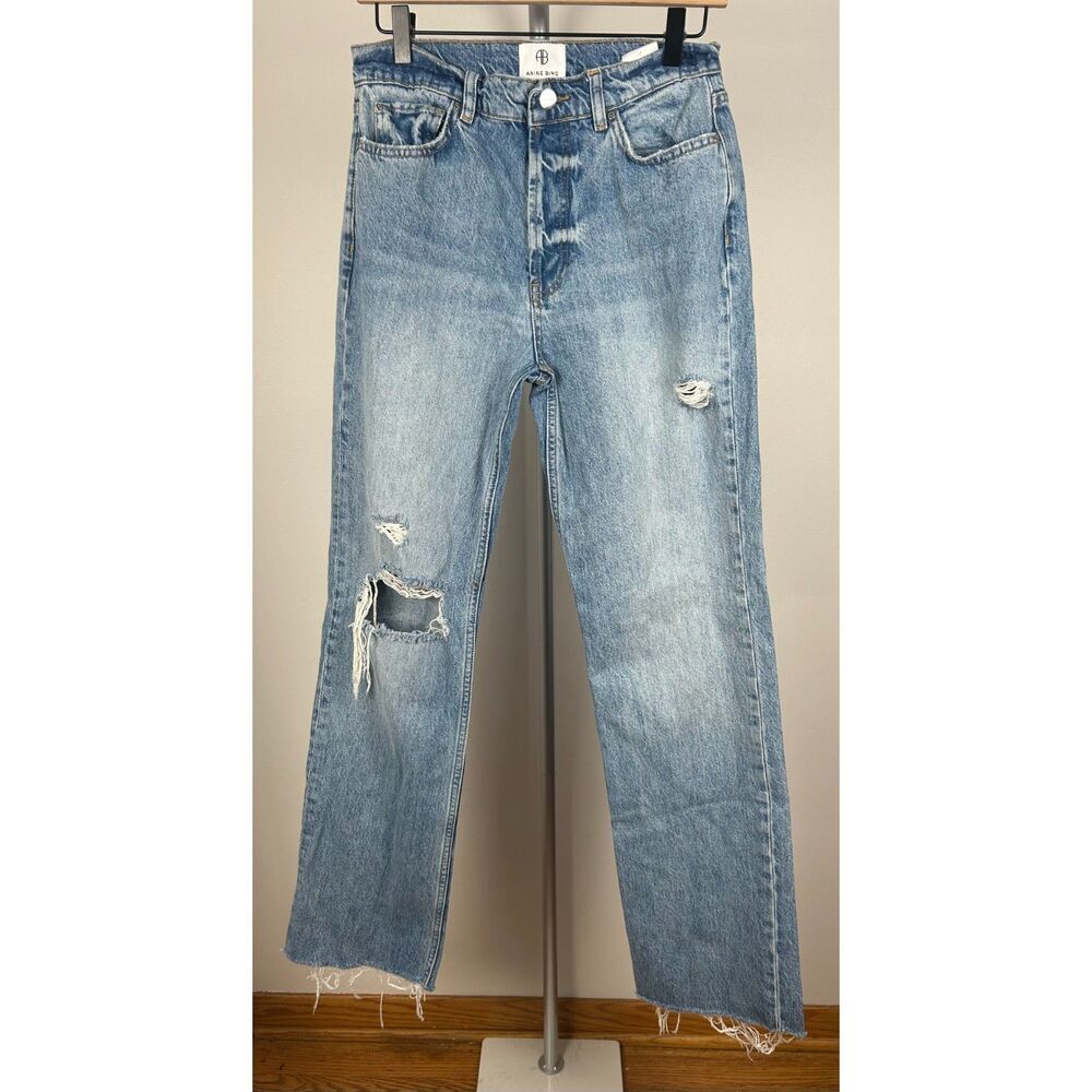 Annie Bing Olsen High Rise Button Fly Relaxed Straight Leg Jeans 27 Distressed